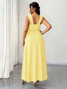 SHEIN Elenzya 2025 New Arrival Plus Size Women's Solid Color Twist V-Neck High Slit Stretchy Knit Party Dress, Versatile & Fashionable Design - Yellow - View 2