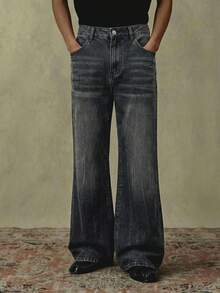 SWAVVY 男士时尚水洗口袋阔腿牛仔裤 - 黑色 - 查看 3