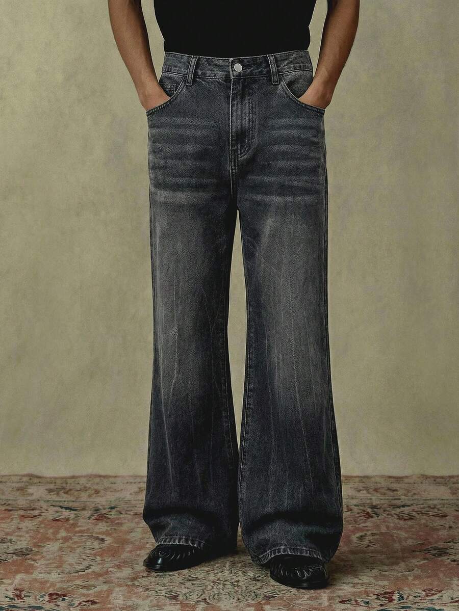 SWAVVY Men's Fashionable Washed Pocket Wide-Leg Jeans - Black - View 1