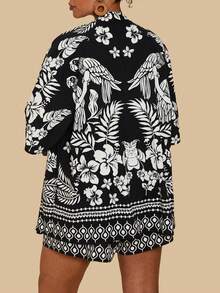 SHEIN TRVLCHIC Plus Size Tropical Print Shirt And Shorts Set, Casual Holiday Outfit - Black and White - View 2
