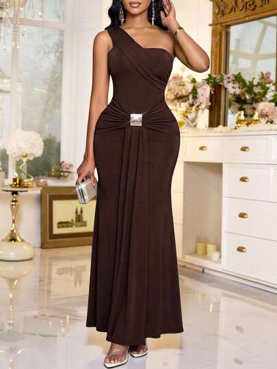 SHEIN Lady Women's Elegant Solid Color Sleeveless Cinched Waist Dress, Summer