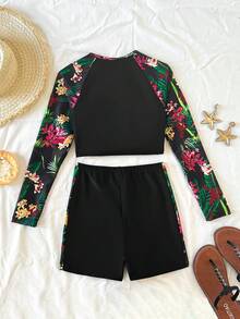 SHEIN 少女插肩袖热带植物印花上衣和短裤泳衣套装 - 黑色 - 查看 4