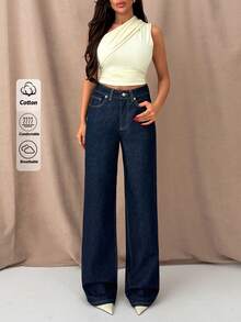 EURMUSE High Waist Raw Wash 100% Cotton Straight Leg Denim Jean - Dark Wash - View 2