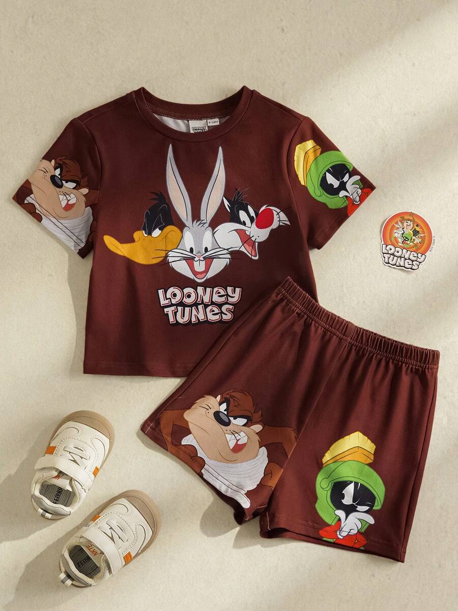 LOONEY TUNES X SHEIN Conjunto de top de manga corta y pantalones cortos con estampado de dibujos animados para niños pequeños - Marrón Chocolate - Ver 1