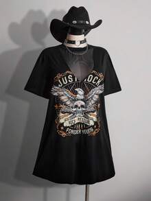 SHEIN ICON 大码女式V领网纱拼接T恤裙 - 黑色 - 查看 7