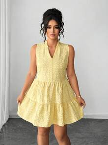 Elenzga Đầm dự tiệc thanh lịch cổ chữ V dáng rộng không tay dành cho nữ cỡ lớn, chất liệu vải có họa tiết, đầm hè dễ thương cho nữ, đầm chất lượng tốt, đầm mới về cho nữ, đầm mặc thường ngày - Màu vàng - Xem 4