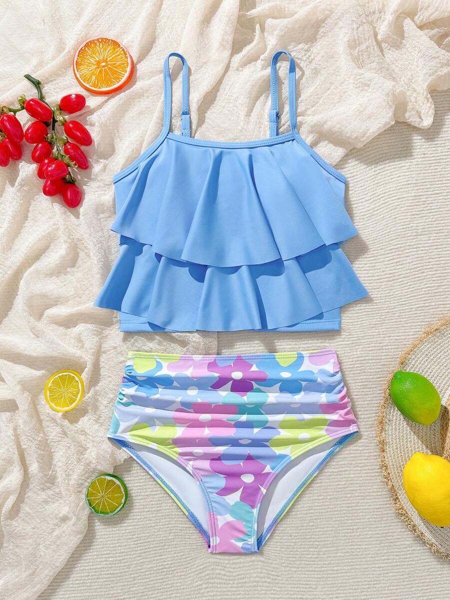 SHEIN 少女吊带无袖夏季沙滩比基尼上衣 - 淺藍色 - 查看 1