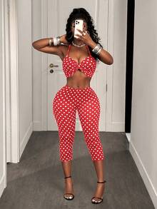 BamGleam 女士波点褶皱吊带背心和七分裤两件套休闲套装，女士度假套装，女士两件套波点两件套，女士夏季两件套，女士两件套休闲套装，女士两件套休闲波点套装 - 紅色 - 查看 6