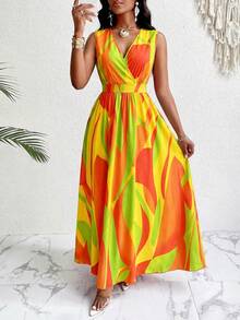 SOLERSUN Đầm maxi dáng xòe in họa tiết nhiệt đới, cổ chữ V, cạp chun, chất liệu dệt kim. Trang phục nữ. - trái cam - Xem 3