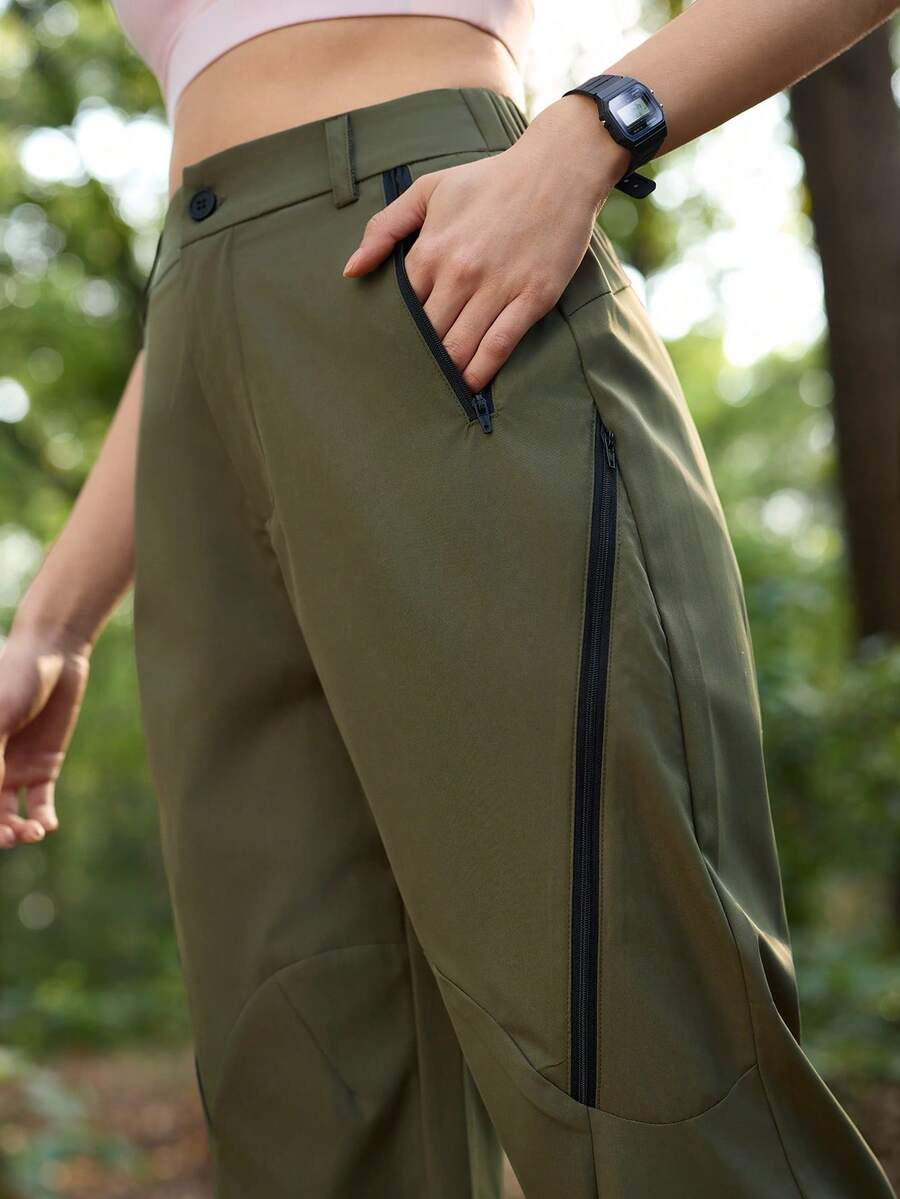 SHEIN In My Nature 女士高腰拉链口袋阔腿徒步裤 - 軍綠色 - 查看 1