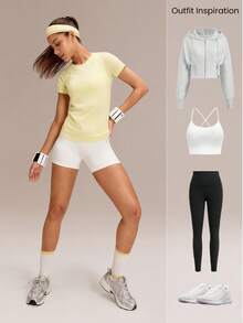 GLOWMODE Áo tập thể dục liền mạch, dáng ôm, tay ngắn, áo thun thể thao tập gym mùa hè - Màu vàng - Xem 8