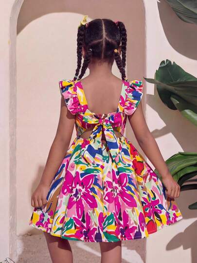 SHEIN Young Girl Woven Ditsy Floral Square Neck Ruffle Waist Back Bow Decor Casual Sweet Party Dress, For Parties, Back To School, Feminine Chic, French Elegance, Princess Style, Wedding Season, Birthday Gatherings, Ditsy Floral, Rose, Valentine's Day Tween Girl, Flower Girl Dress,Summer Beach Vacation,Mom And Daughter & Sisters Matching Style ,Matching Family Vacation , Holidays,Country Style. Pink Floral Dress Kids