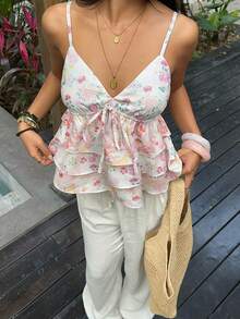 SHEIN SunnyBelle Áo hai dây nữ mùa xuân/hè màu hồng họa tiết hoa nhí, cổ chữ V sâu, thắt nơ trang trí, thích hợp cho đi biển, nghỉ mát, du lịch, hẹn hò lãng mạn, áo không tay phối màu hoa nhí. - Màu Hồng baby - Xem 6