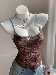 Comfortcana Áo hai dây nữ họa tiết chấm bi viền ren, thích hợp cho mùa hè. - màu nâu - Xem 7