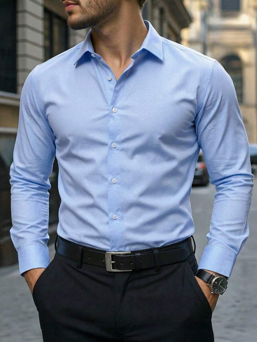 Manfinity Bizformal Camisa de vestir de manga larga con tela estampada para hombre, camisa de vestir azul de negocios casuales, camisa de vestir ajustada de negocios casuales para hombre - Celeste - Ver 1