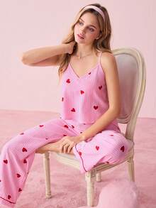 Bonmuse 女士泡泡褶皱条纹爱心印花吊带背心和裤子睡衣套装 - 粉色 - 查看 1