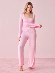 SHEIN 两件套女士方领蝴蝶结INS风睡衣套装，舒适优雅细节，秋冬服装 - 藕粉色 - 查看 7