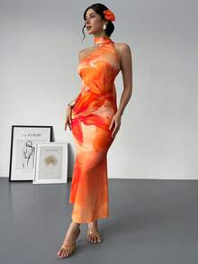 Rafferiza Đầm dài nữ thời trang, thanh lịch, gợi cảm, hở lưng, cổ yếm, bất đối xứng - Nhiều màu - Xem 5