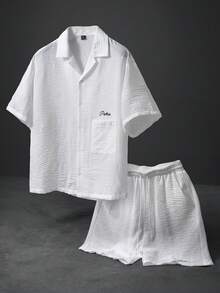 Bộ áo sơ mi và quần short in chữ nhăn màu trắng PAVTROS, phong cách trẻ trung năng động, thích hợp cho kỳ nghỉ hè, món quà lý tưởng cho bạn trai. - trắng - Xem 1