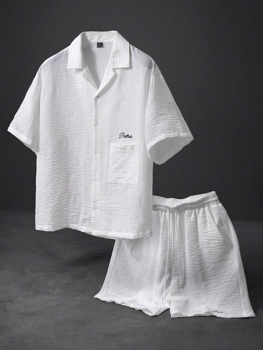 Bộ áo sơ mi và quần short in chữ nhăn màu trắng PAVTROS, phong cách trẻ trung năng động, thích hợp cho kỳ nghỉ hè, món quà lý tưởng cho bạn trai. - trắng - Xem 1
