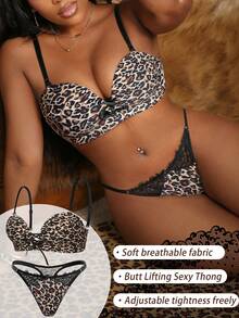 2pcs Women's Leopard Print Wireless Lightly Padded Push-Up Bra Set - Multicolor - View 4