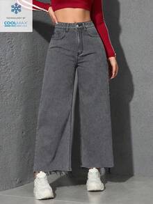 SHEIN Unity Celana Jeans Wanita Model Lebar dengan Saku dan Kancing, Kasual, Serbaguna untuk Pemakaian Sehari-hari - Light Grey - View 8