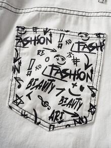 Manfinity Joysei Jeans ampi a gamba larga con stampa vintage di note musicali, faccina sorridente e scritta "Bad" in stile graffiti, pantaloni di jeans casual dallo stile straight leg e street style - Bianco - Visualizzare 4