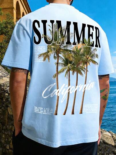 Manfinity RSRT Herren Blaues T-Shirt mit Kalifornien Palmen Grafik-Muster, frisches Farbschema, Casual, Urlaubsstil, geeignet für Strand, Spazierengehen, Dates, Unisex, tolles Geschenk für Freund/Ehemann, Sommer