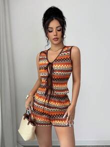 Elenzga 女士优雅针织提花几何图案V领无袖修身上衣 + 女士优雅休闲修身短裤，春夏款 - 彩色 - 查看 5