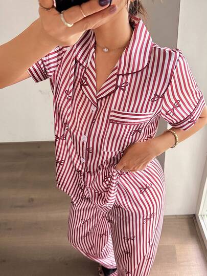 Dream Adore Conjunto de pijama de manga corta con corbata de moño de seda sintética a rayas para mujer