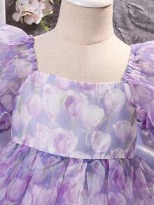 SHEIN 少女雪纺碎花方领泡泡袖蝴蝶结休闲连衣裙 - 彩色 - 查看 6