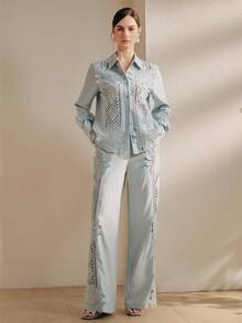 Anewsta Elegant Hollow Embroidered Lace Casual Outgoing Holiday Outfit, Unique Design, Women 2 Pieces Set - Blue - View 4