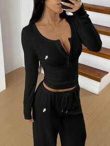 SHEIN EZwear 女款黑色針織長袖上衣與長褲休閒套裝，棉質舒適兩件套居家休閒服 - 黑色 - 查看 7