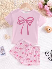 SHEIN Tween 女童休闲简约蝴蝶结心形图案圆领短袖 T 恤和短裤睡衣套装，适合夏季居家清爽穿着 - 彩色 - 查看 2