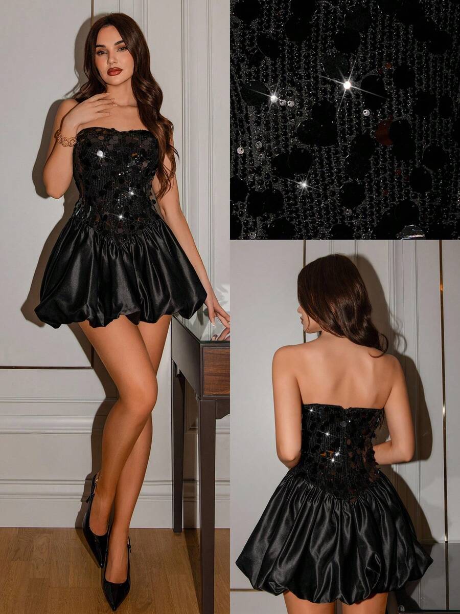 Poshira Sequin Glitter Fitted Cocktail Dress, High-End Elegant Party Gown Black Party Dress Strapless Black Dress Bustier Dress Black Sequin Dress Black Birthday Dress - Black - View 1