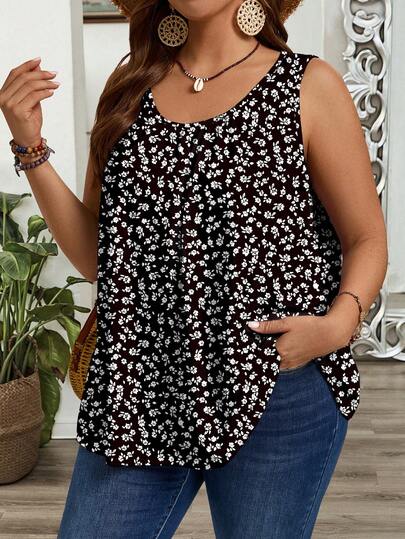 EMERY ROSE Plus Size Loose Fit Pleated Wide Strap Tank Top, Suitable For Spring Summer Vest Tops Women's Blouses Women