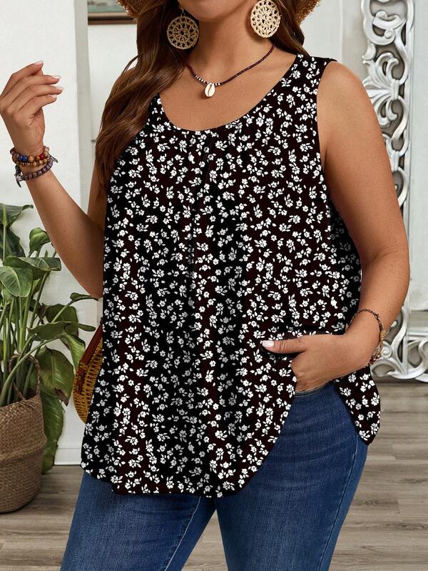 EMERY ROSE Camiseta y top sin mangas con pliegues y tirantes anchos de corte holgado para tallas grandes, adecuado para primavera y verano, tops de mujer de tallas grandes, blusas de mujer de tallas grandes, tops de mujer de verano