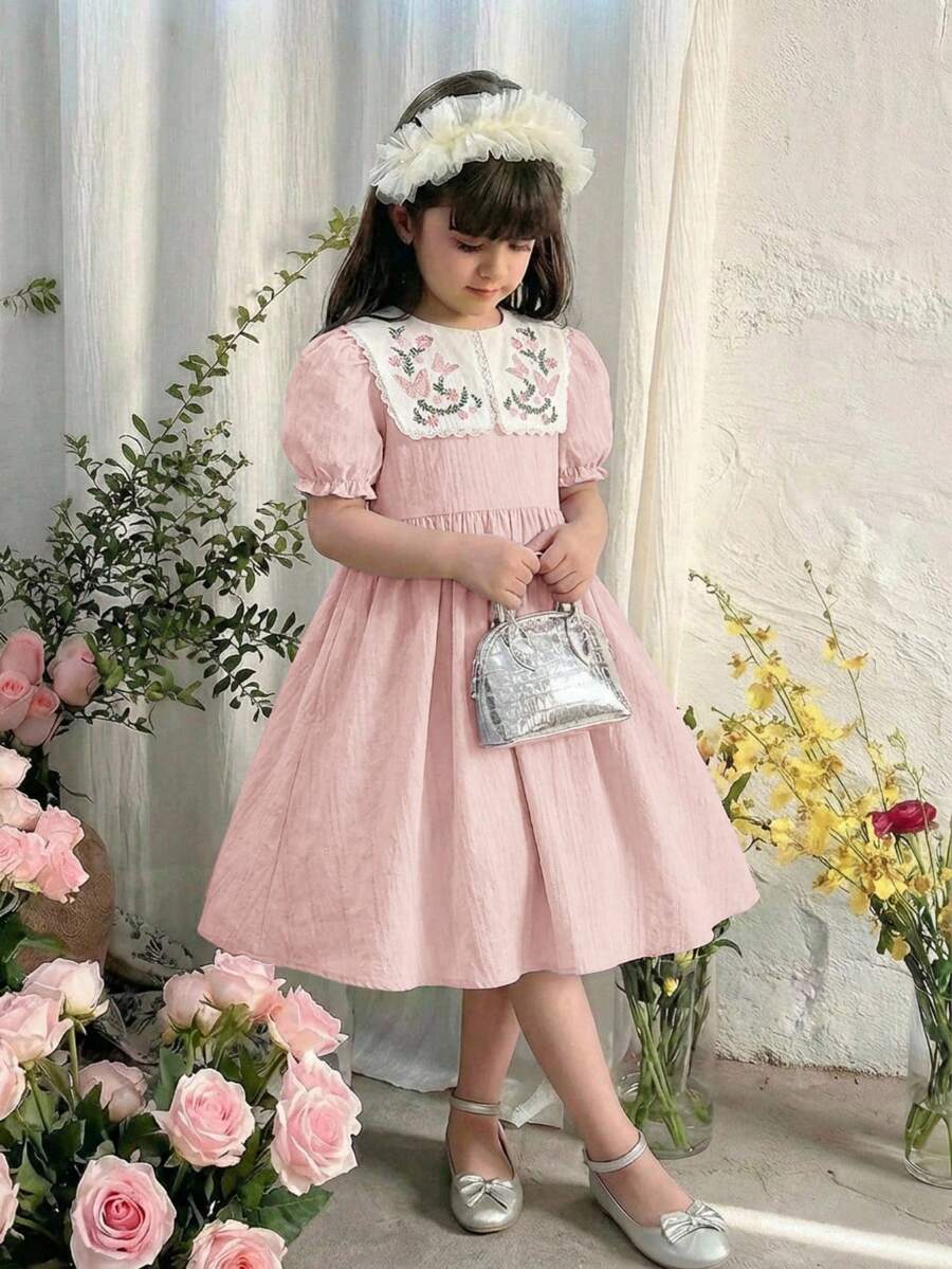 SHEIN Tween Girl Loose Casual Petal Sleeve Floral Pattern Embroidered Midi Dress Tween Girl - Pink - View 1