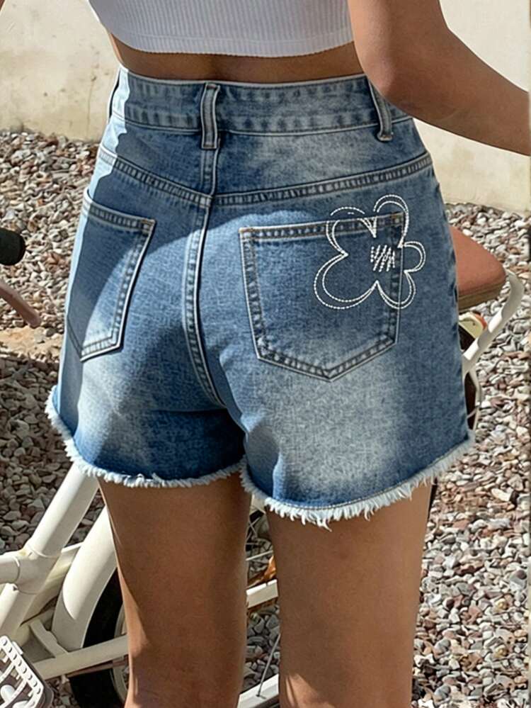 Graphic Print Distressed Hem Straight Leg Casual Vacation Denim Shorts For Women, Summer Jorts