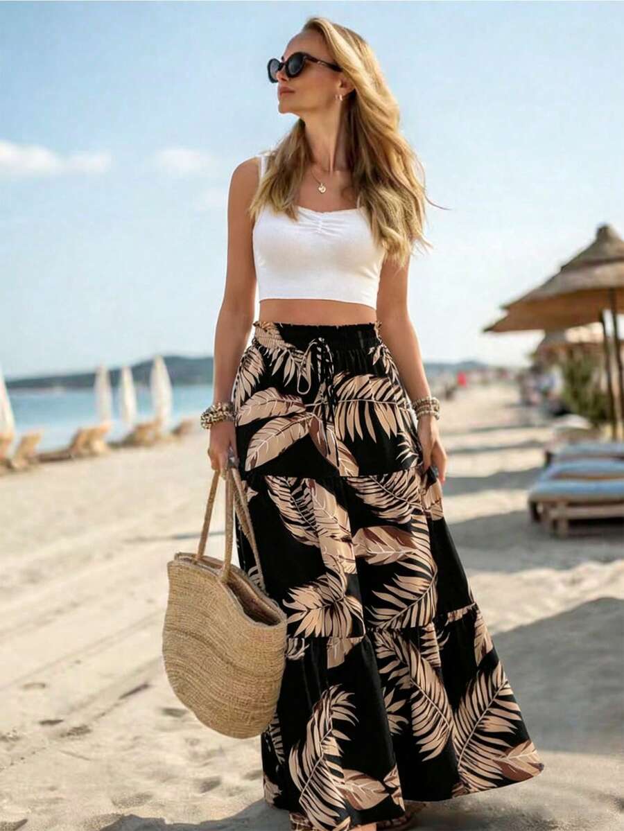 SHEIN Holidaya Chân váy chữ A nữ có dây rút eo, họa tiết lá cây, kiểu dáng thường ngày, đa năng, thích hợp cho hẹn hò và đi chơi. - màu đen - Xem 1