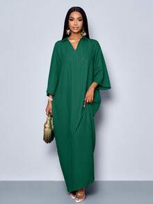 SOLERSUN 女士时尚V领宽松蝙蝠袖无腰带连衣裙，适合假日穿着，女士长款套装 - 墨綠色 - 查看 9