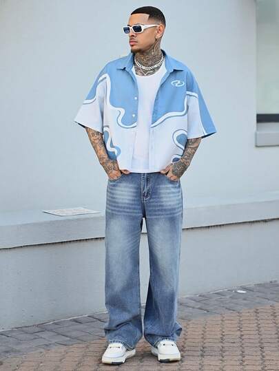 Devon Thys Chemise ample pour hommes à col rabattu et manches courtes avec imprimé numérique