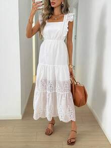Easowa Damen einfarbiges minimalistisches Quadratausschnitt Maxikleid, lässiger Alltagskleidung Sommerkleid für Frauen Urlaubsoutfits Damenkleid Neuankömmling Kleid für Frauen lässige Picknick-Kleider für Frauen Europäischer Sommerkleider Damen Weißes Maxikleid Lochstickerei Spitze Volant Träger Quadratausschnitt Sommer lässig Urlaub Maxikleid Damen Boho Maxikleid Weiß Broderie Anglaise Lochstickerei Spitze ärmellos Quadratausschnitt Volant fließend Maxikleid Sommerkleid Partykleid Strandkleid Damen elegantes weißes langes Maxikleid Quadratausschnitt Volantärmel Volant Lochstickerei Spitze Sommer Strandparty Gast Kleid Abschlussball Kleid Urlaubskleider Volantkleid Weißes Kleid - Weiss - Übersicht 2