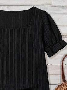 SHEIN VCAY Áo sơ mi nữ cỡ lớn màu đen, chất liệu vải dệt họa tiết, kiểu dáng thường ngày, phù hợp cho mùa hè, kỳ nghỉ và công sở. - màu đen - Xem 3