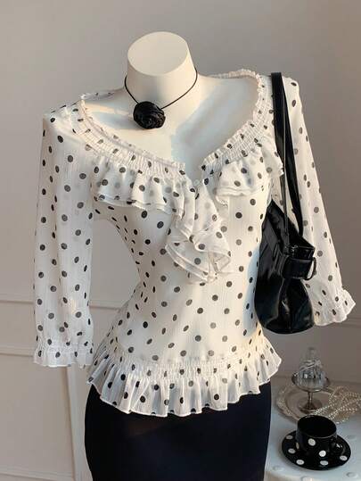 Comfortcana 2026 New Arrival Spring/Summer Women's V-Neck Long Sleeve Ruffle Polka Dot Elegant Blouse, Summer Summer Tops Festival Outfits For Women Party Tops  Beach Outfit For Women Y2K Tops   Women's Dress Shirt White Top