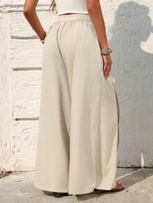 SHEIN Holidaya Quần ống rộng xòe bồng bềnh kiểu dáng thường ngày dành cho nữ, chất liệu giả vải lanh, có cúc và khóa kéo. - Màu be - Xem 2