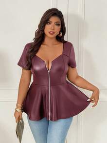 Femmeverse Women's Plus Size New Solid Color Square Neck Keyhole A-Line Elastic PU Top, Slimming And Hip Covering - Burgundy - View 1