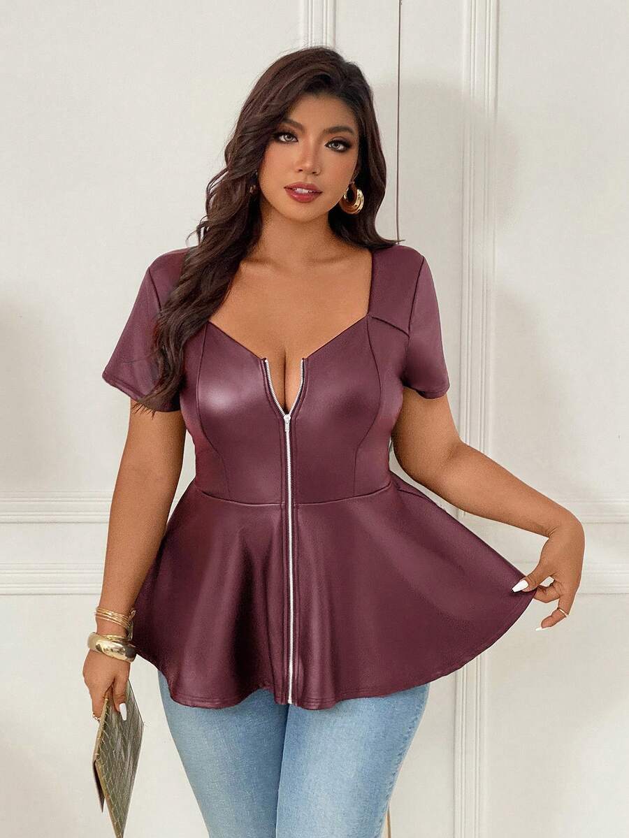 Femmeverse Women's Plus Size New Solid Color Square Neck Keyhole A-Line Elastic PU Top, Slimming And Hip Covering - Burgundy - View 1