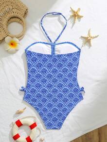 SHEIN 2pcs Girls' Tropical Floral Elastic Quick-Dry Comfortable Knit Fabric Tween Girl) One-Piece Swimsuit, Suitable For Beach, Pool, Seaside, Surfing, Vacation, Summer Travel Summer Outfits For Women Swimsuit Blue Print Swimsuit Bathing Suits For Women 1pc Swimsuit Full Coverage Swimsuit Blue Bathing Suit - Blue - View 2