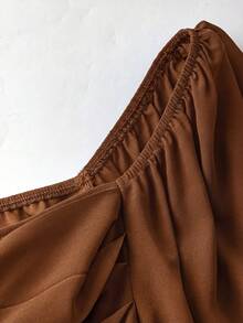 Sweetra Áo kiểu nữ cỡ lớn thanh lịch, lãng mạn, thường ngày, cổ Pháp, tay loe, chất liệu chiffon, eo chun, dáng xòe, thích hợp mặc mùa xuân/thu, trang phục thanh lịch, sang trọng, áo dài tay nữ, áo peplum tay dài. - màu nâu - Xem 5